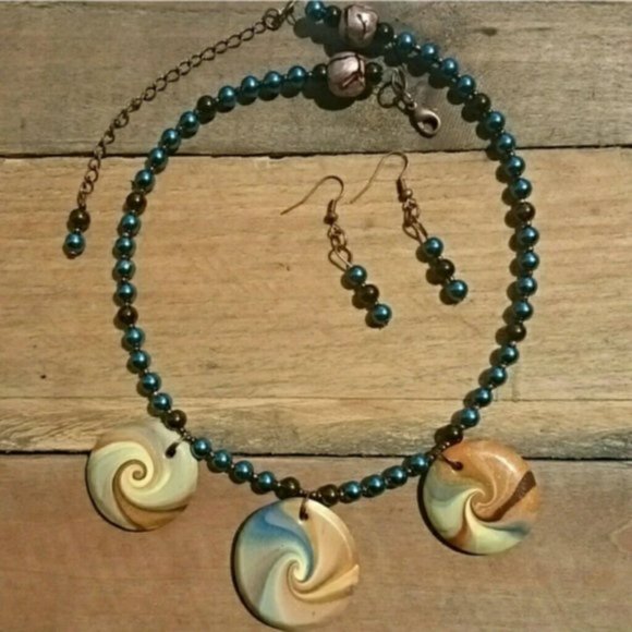 Hand Crafted Brown & Blue Swirl Polymer Clay Necklace and Earring Set - Picture 1 of 5
